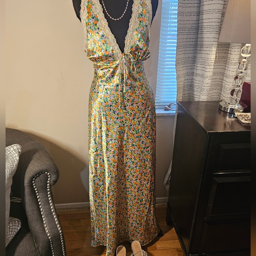 Floral Satin Lace-Trim Maxi Dress in Yellow